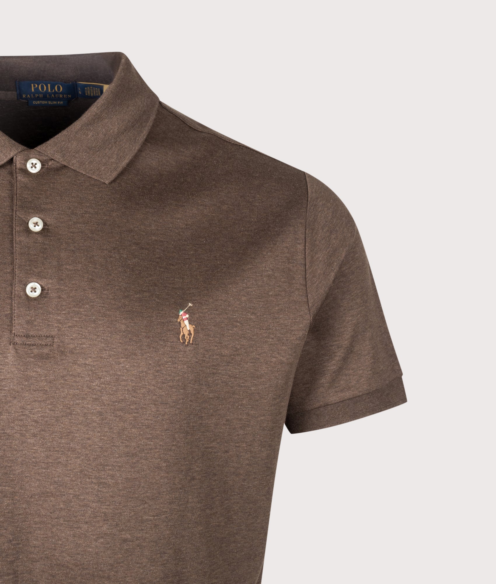 Polo Ralph Lauren Custom Slim Fit Soft Cotton Polo Shirt in Nutmeg Brown Heather at EQVVS Menswear. Detail shot.