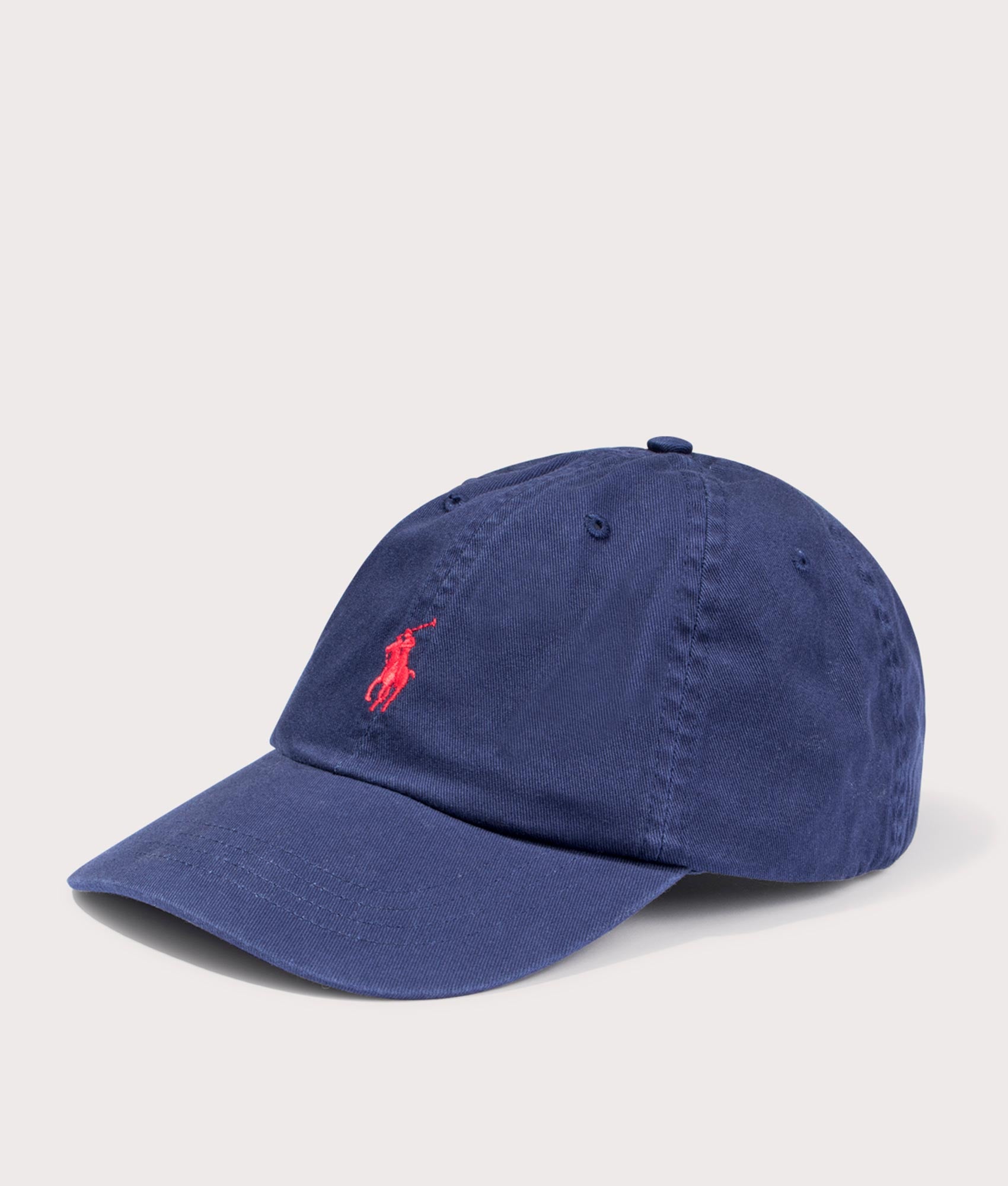 Polo Ralph Lauren Cotton Chino Baseball Cap in Newport Navy and Red at EQVVS Menswear. Angled front shot.