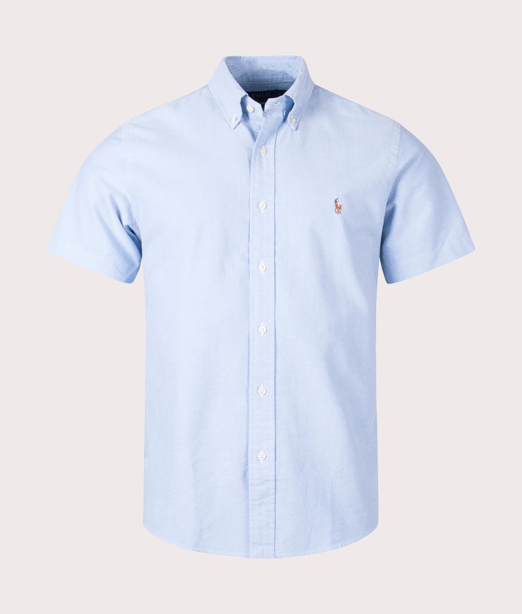 Polo Ralph Lauren Custom-Fit Short Sleeve Lightweight Oxford Shirt in BSR Blue at EQVVS Menswear. Front shot.