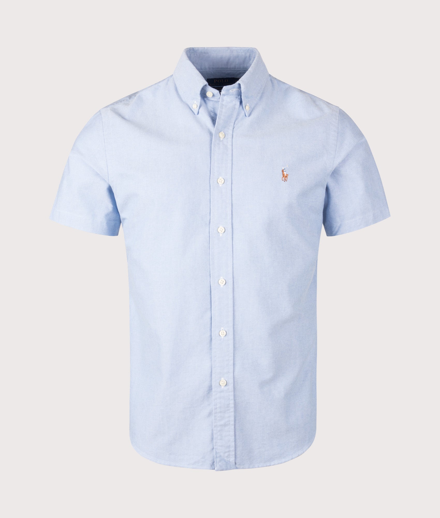 Polo Ralph Lauren Custom Fit Short Sleeve Lightweight Oxford Shirt in BSR Blue at EQVVS Menswear. Front shot.