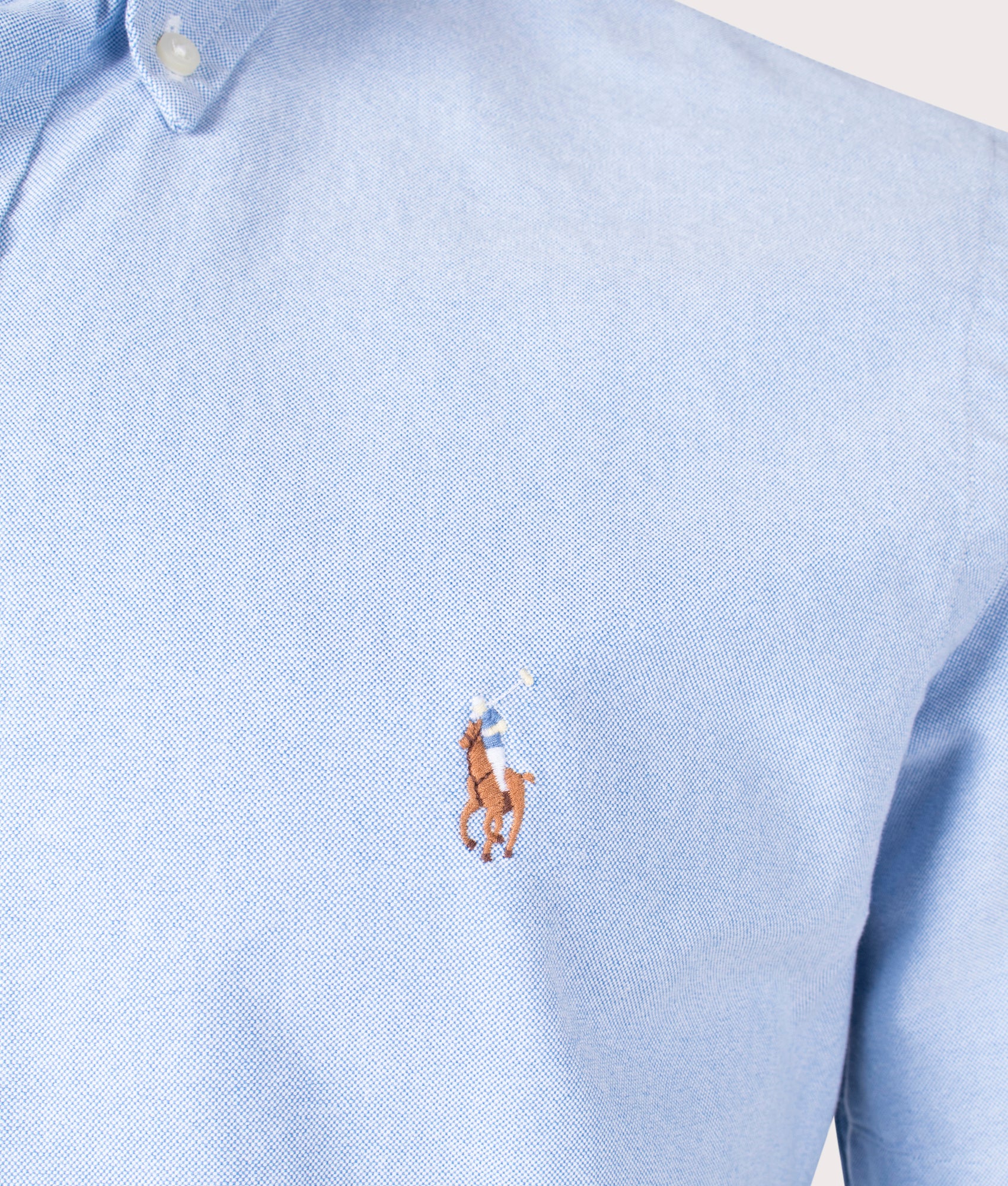 Polo Ralph Lauren Custom-Fit Short Sleeve Lightweight Oxford Shirt in BSR Blue at EQVVS Menswear. Detail shot.