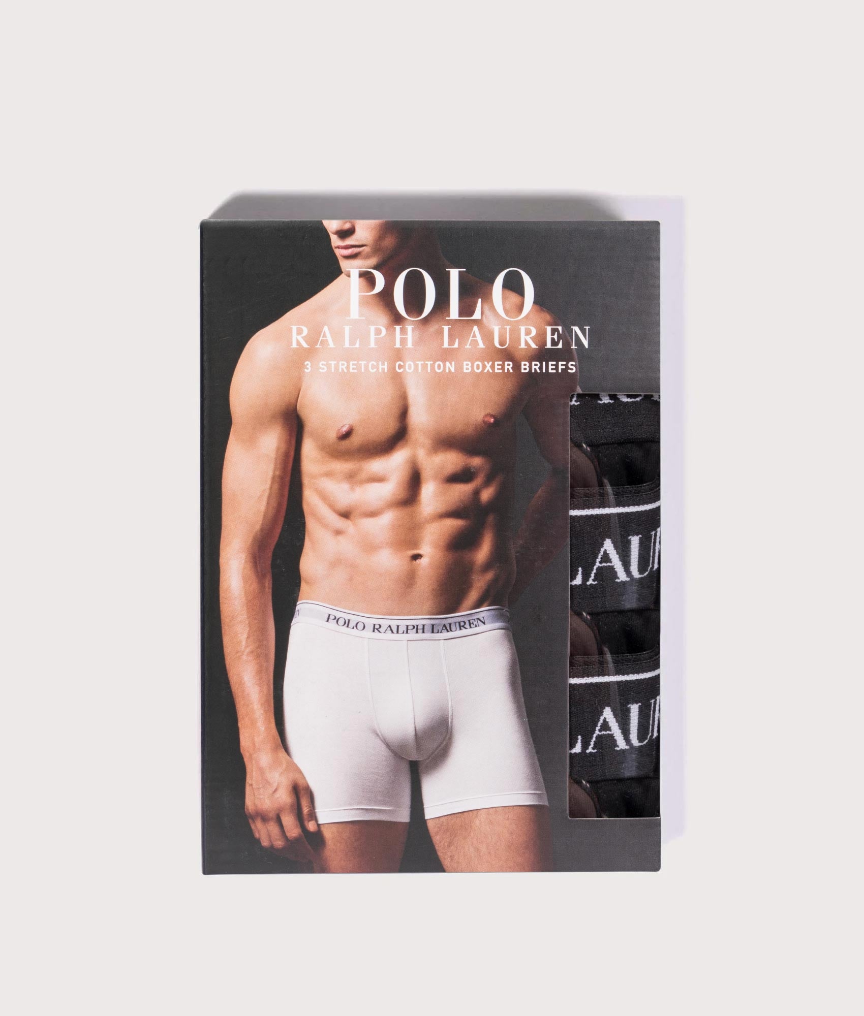 Polo Ralph Lauren 3 Pack Stretch Cotton Boxer Briefs in Black at EQVVS Menswear. Box shot.