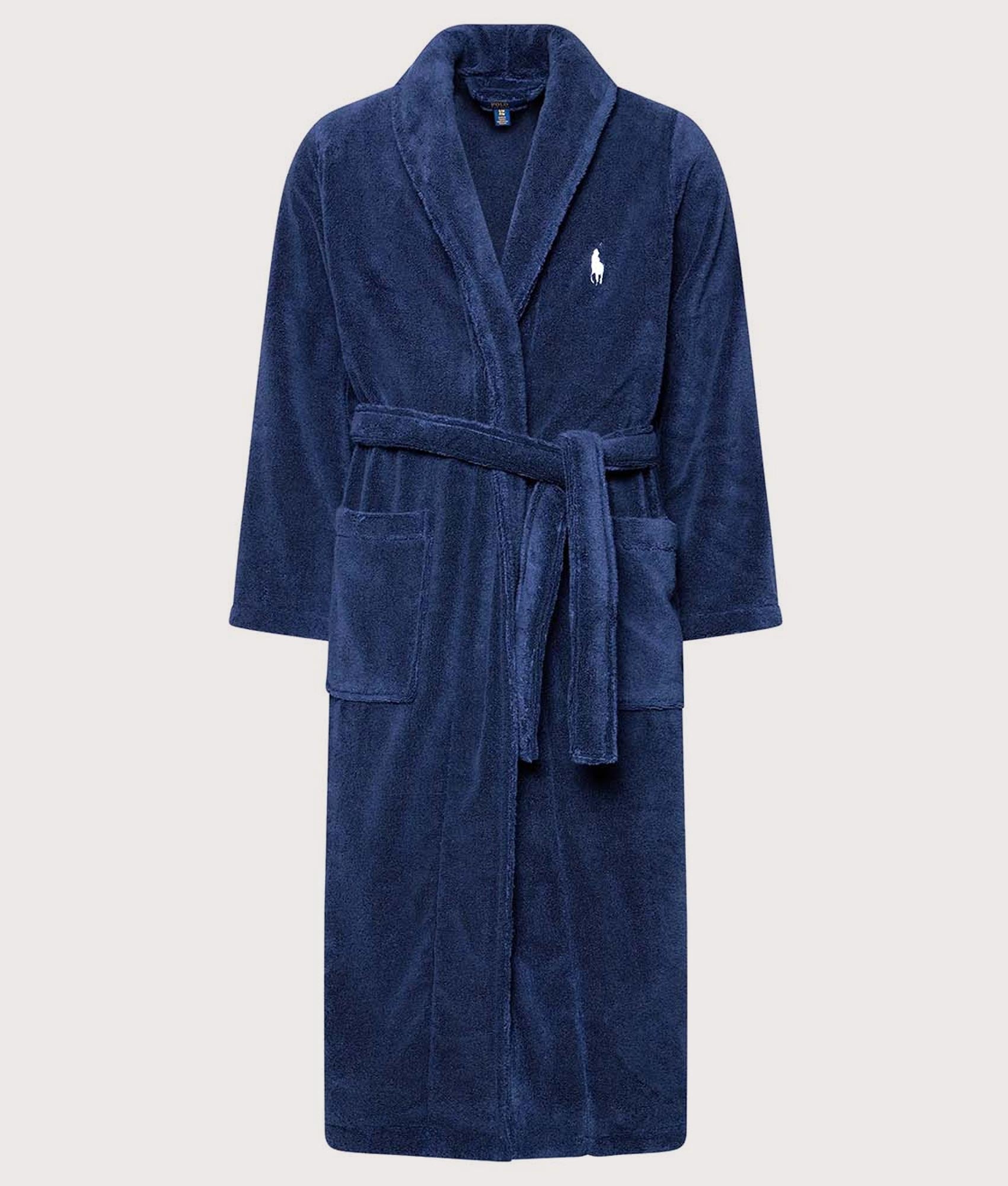 Polo Ralph Lauren Cotton Terry Dressing Gown in Cruise Navy at EQVVS Menswear. Front shot.