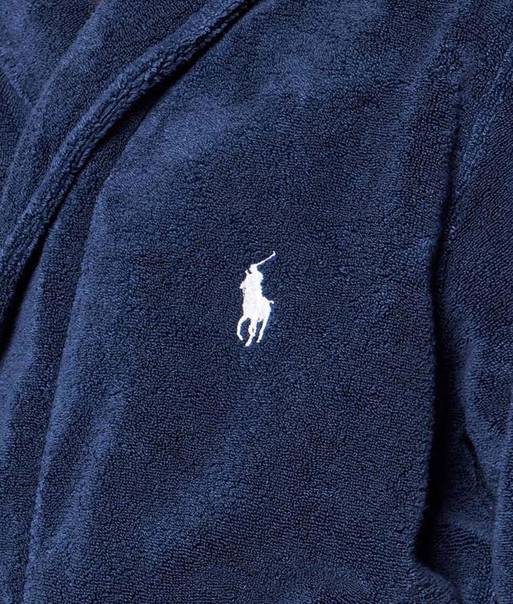 Polo Ralph Lauren Cotton Terry Dressing Gown in Cruise Navy at EQVVS Menswear. Detail shot.