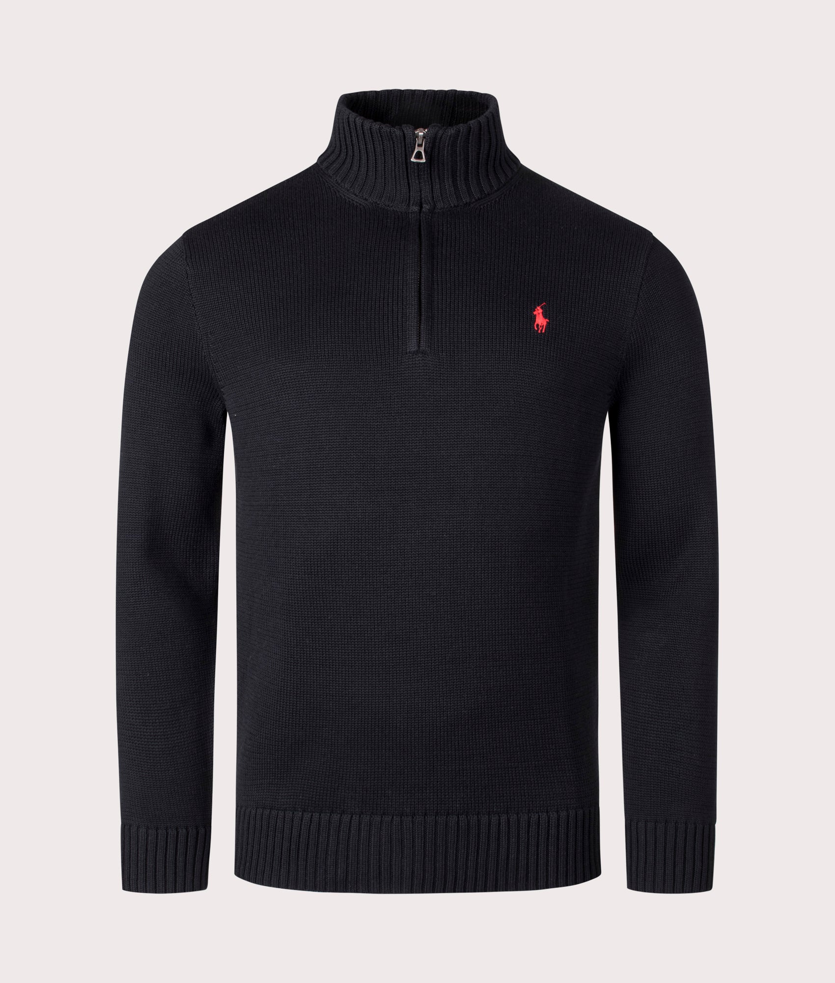 Polo Ralph Lauren Mesh-Knit Cotton Quarter Zip Pullover in Polo Black, 100% Cotton Front Shot at EQVVS