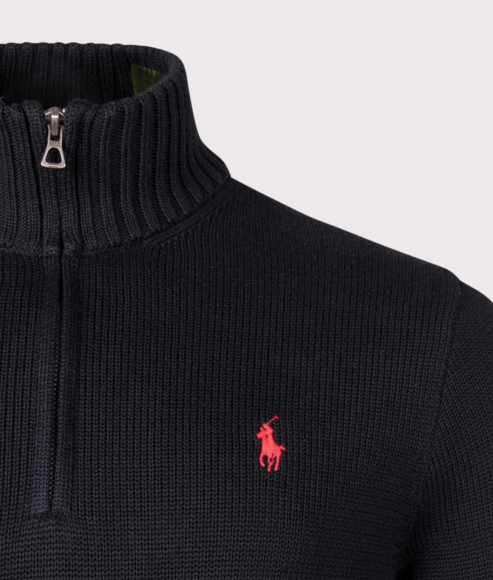 Polo Ralph Lauren Mesh-Knit Cotton Quarter Zip Pullover in Polo Black, 100% Cotton Detail Shot at EQVVS