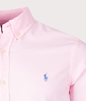 Polo Ralph Lauren Slim Fit Garment-Dyed Oxford Shirt in Carmel Pink, 100% Cotton Detail Shot at EQVVS