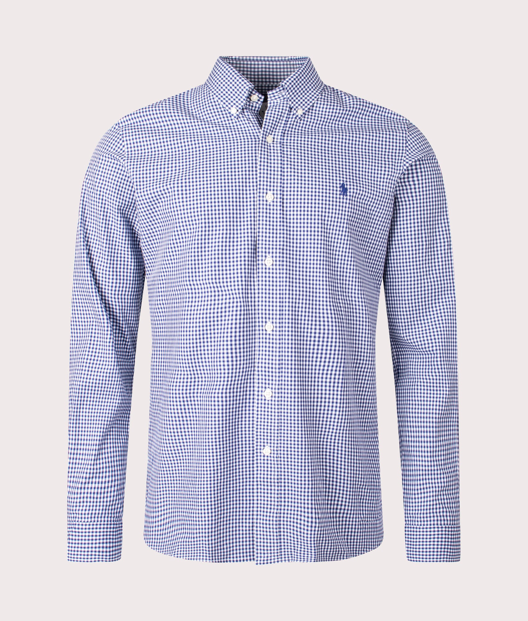 Polo Ralph Lauren Custom Fit Gingham Stretch Poplin Shirt in Checked Navy & White, Front Shot at EQVVS 