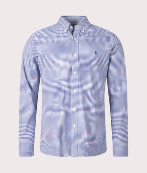 Polo Ralph Lauren Custom Fit Gingham Stretch Poplin Shirt in Checked Navy & White, Front Shot at EQVVS 