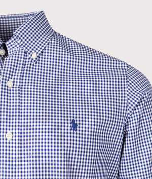 Polo Ralph Lauren Custom Fit Gingham Stretch Poplin Shirt in Checked Navy & White, Detail Shot at EQVVS