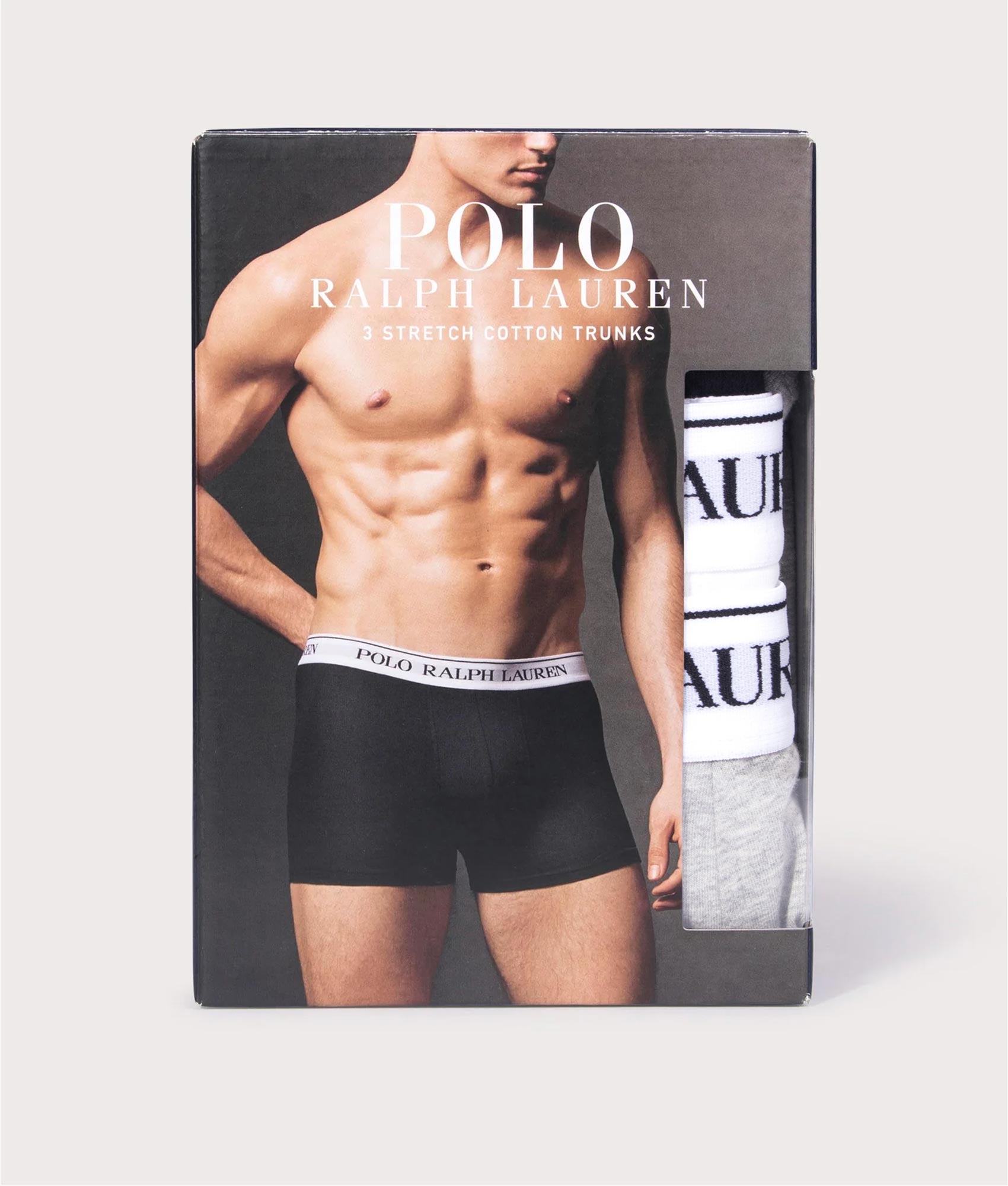3 Pack Classic Stretch Cotton Trunks. Shot by EQVVS. Packaging shot.