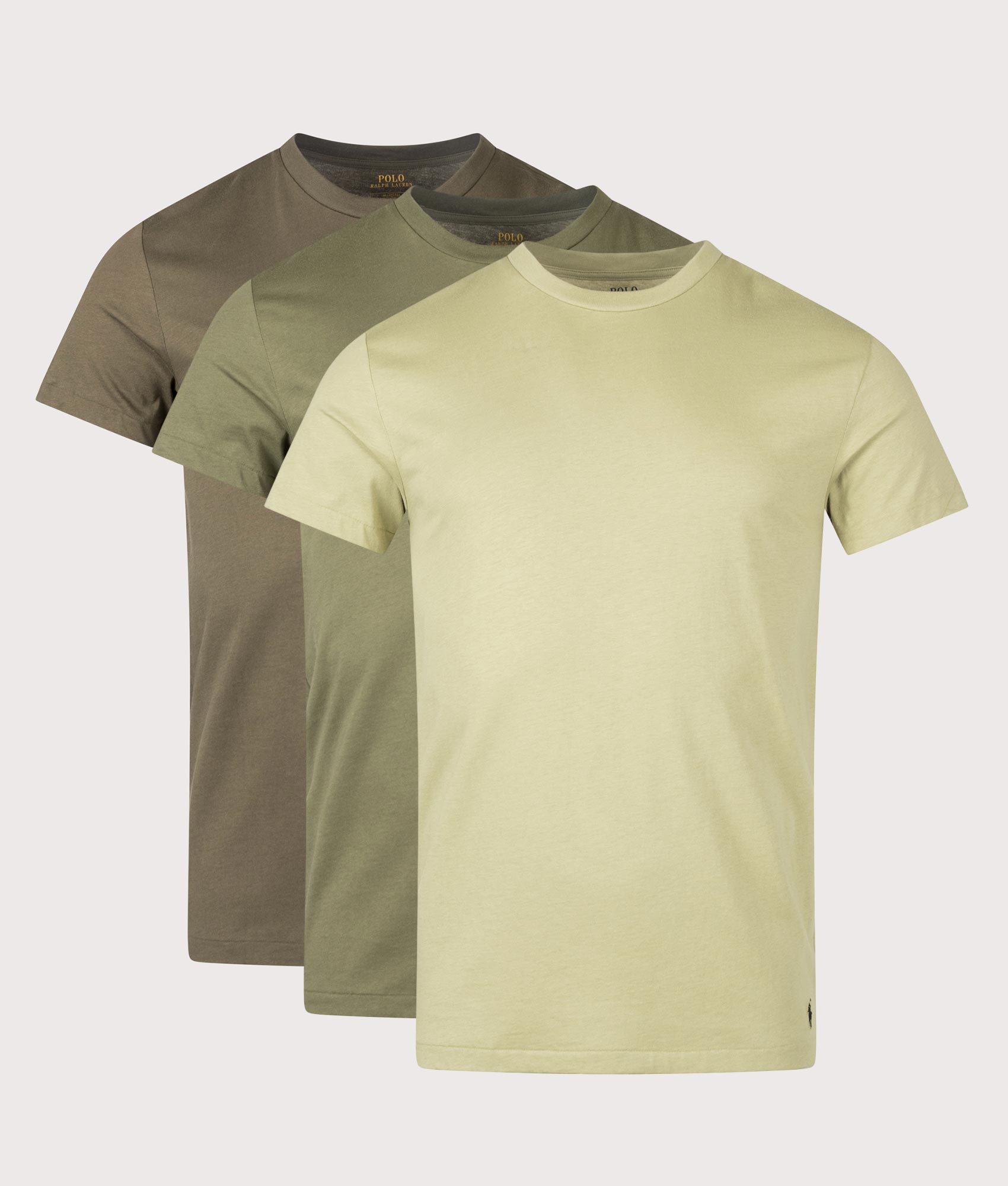 Polo Ralph Lauren Slim Fit 3 Pack crewneck Loungewear T-Shirts in Light Olive, Classic Drab Olive and Defender green at EQVVS Menswear. Front shot.
