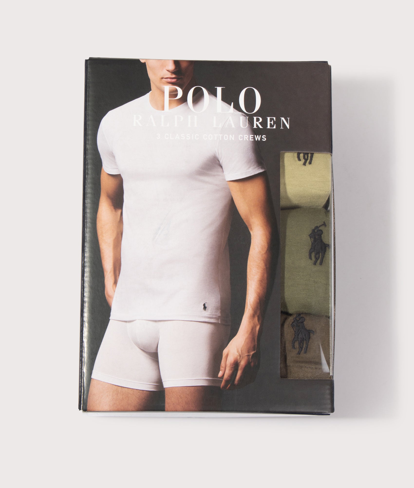 Polo Ralph Lauren Slim Fit 3 Pack crewneck Loungewear T-Shirts in Light Olive, Classic Drab Olive and Defender green at EQVVS Menswear. Box shot.