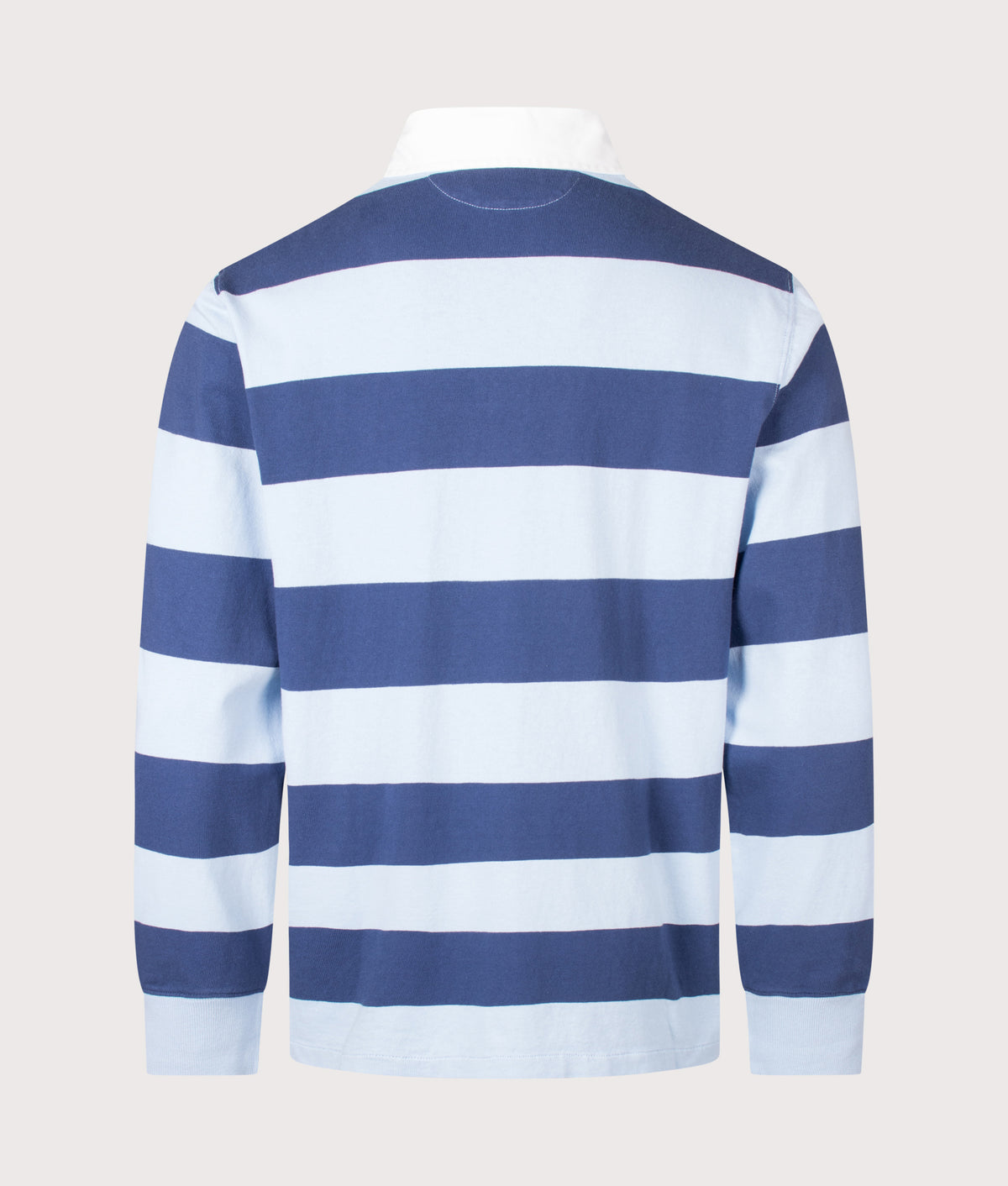 Polo Ralph Lauren The Classic Fit Iconic Striped Rugby Shirt in Light Navy and Elite Blue at EQVVS Menswear. Back shot.