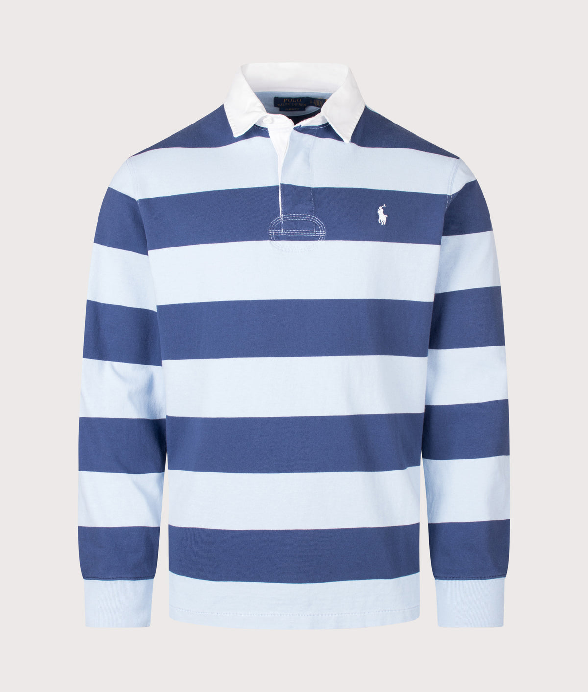 Polo Ralph Lauren The Classic Fit Iconic Striped Rugby Shirt in Light Navy and Elite Blue at EQVVS Menswear. Front shot.