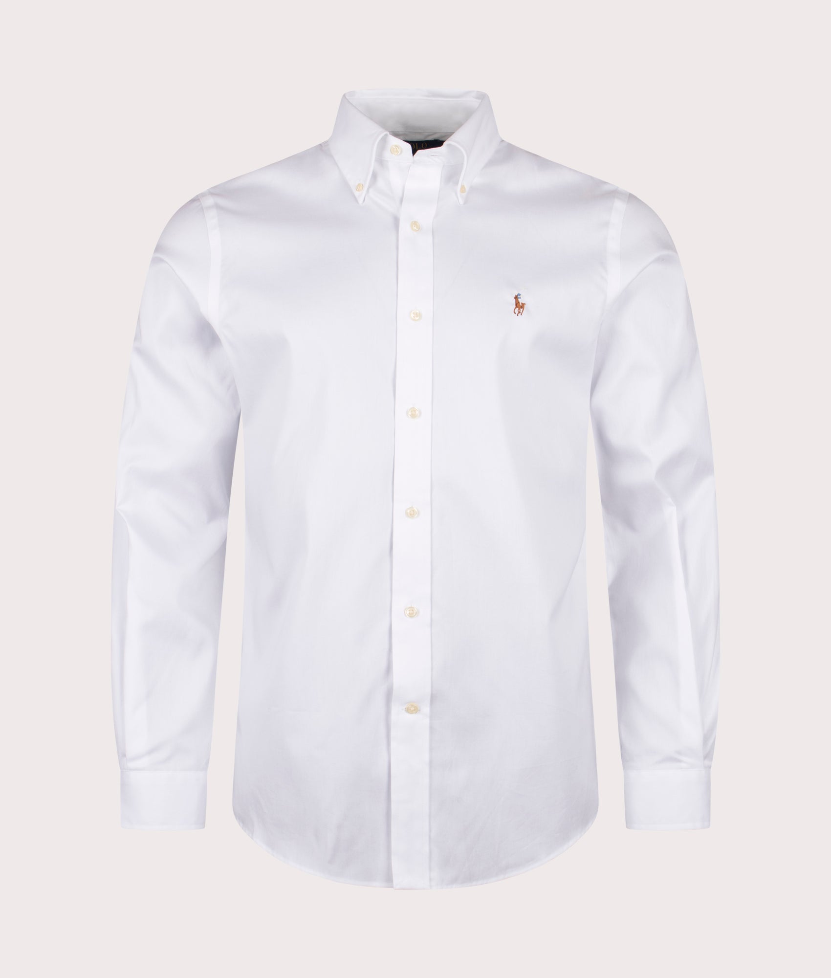 Polo Ralph Lauren Custom Fit Oxford Dress Shirt in White at EQVVS Menswear. Front shot.