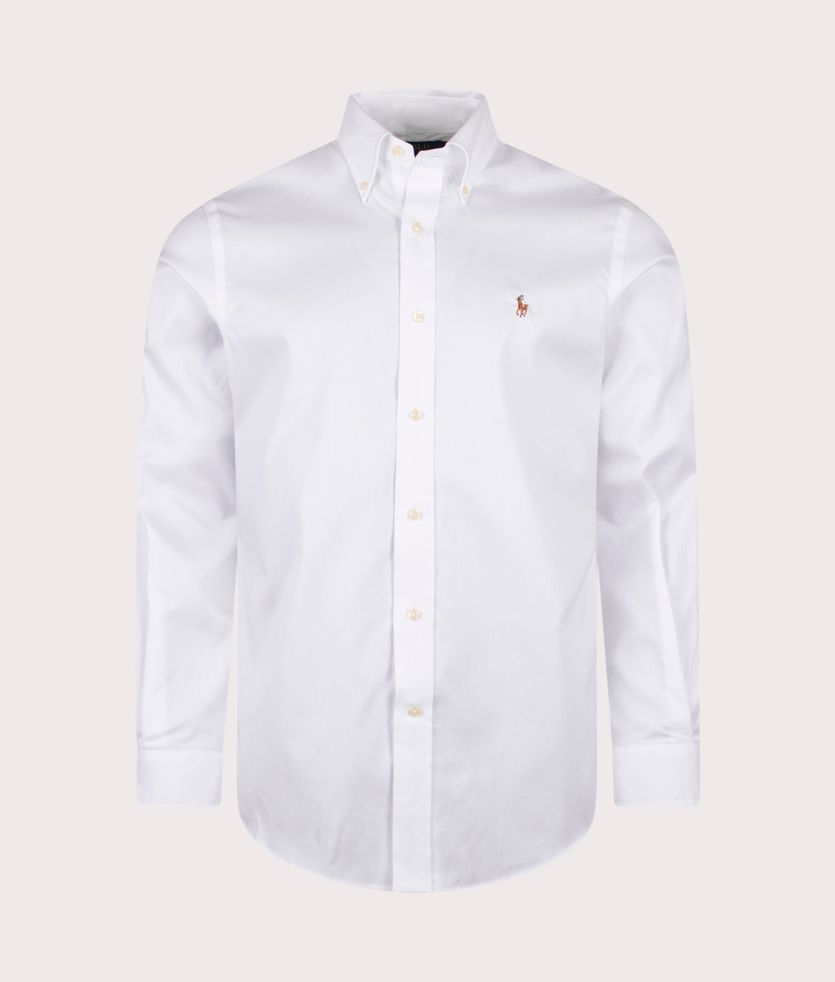 Polo Ralph Lauren Custom Fit Oxford Dress Shirt in White at EQVVS Menswear. Front shot.
