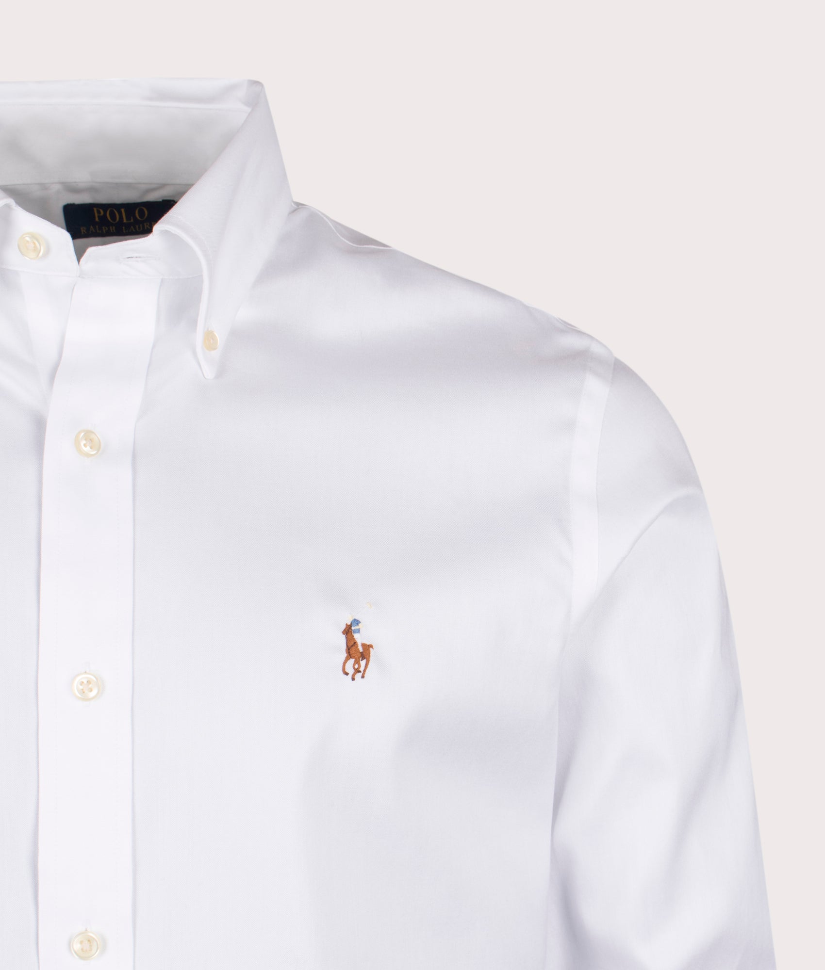 Polo Ralph Lauren Custom Fit Oxford Dress Shirt in White at EQVVS Menswear. Front detail shot.