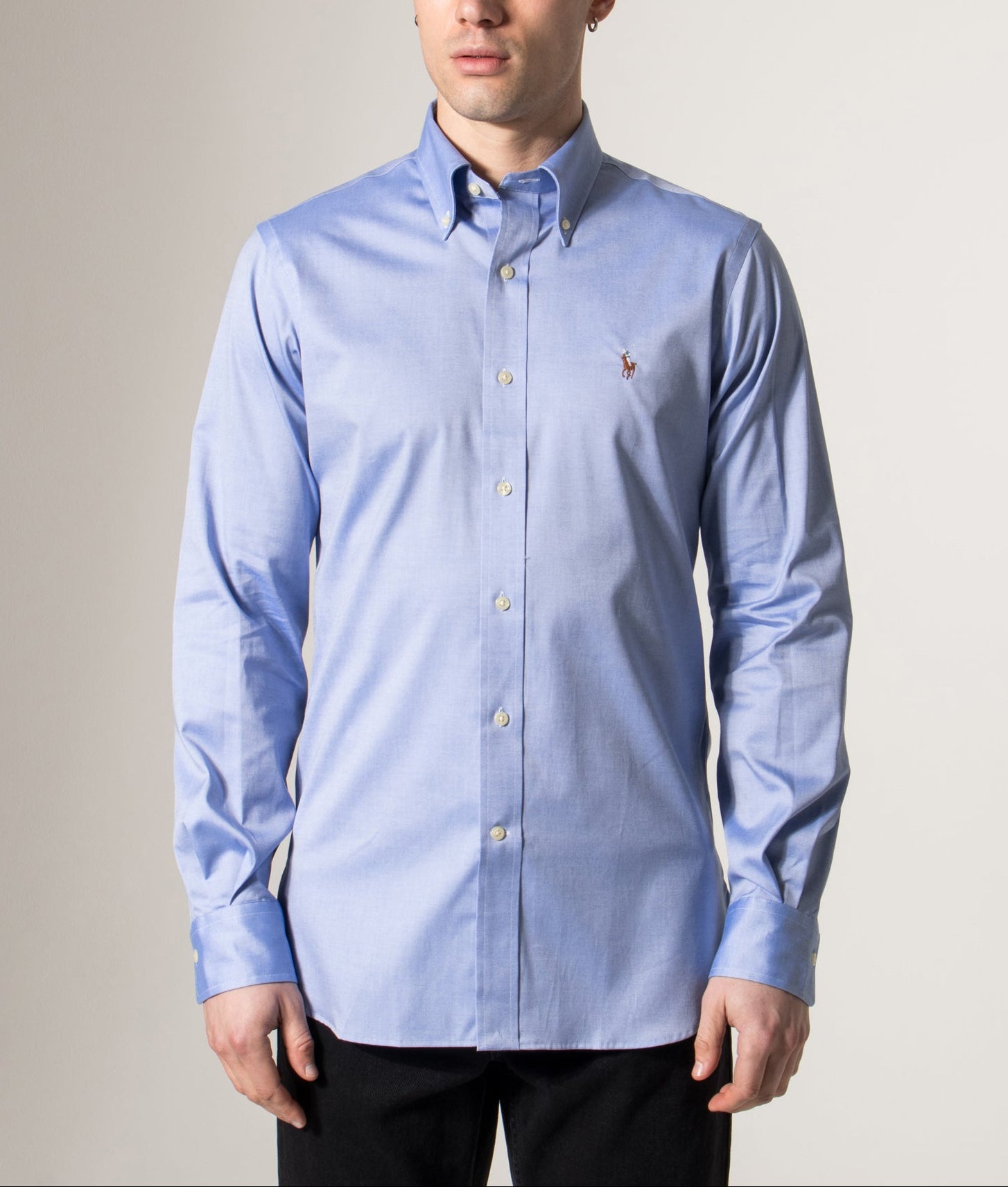 Polo Ralph Lauren Custom Fit Oxford Dress Shirt in True Blue/White at EQVVS Menswear. Model front shot. 