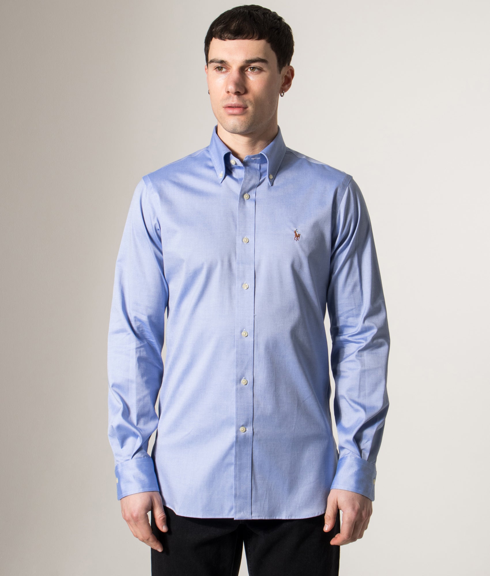 Polo Ralph Lauren Custom Fit Oxford Dress Shirt in True Blue/White at EQVVS Menswear. Model front shot. 