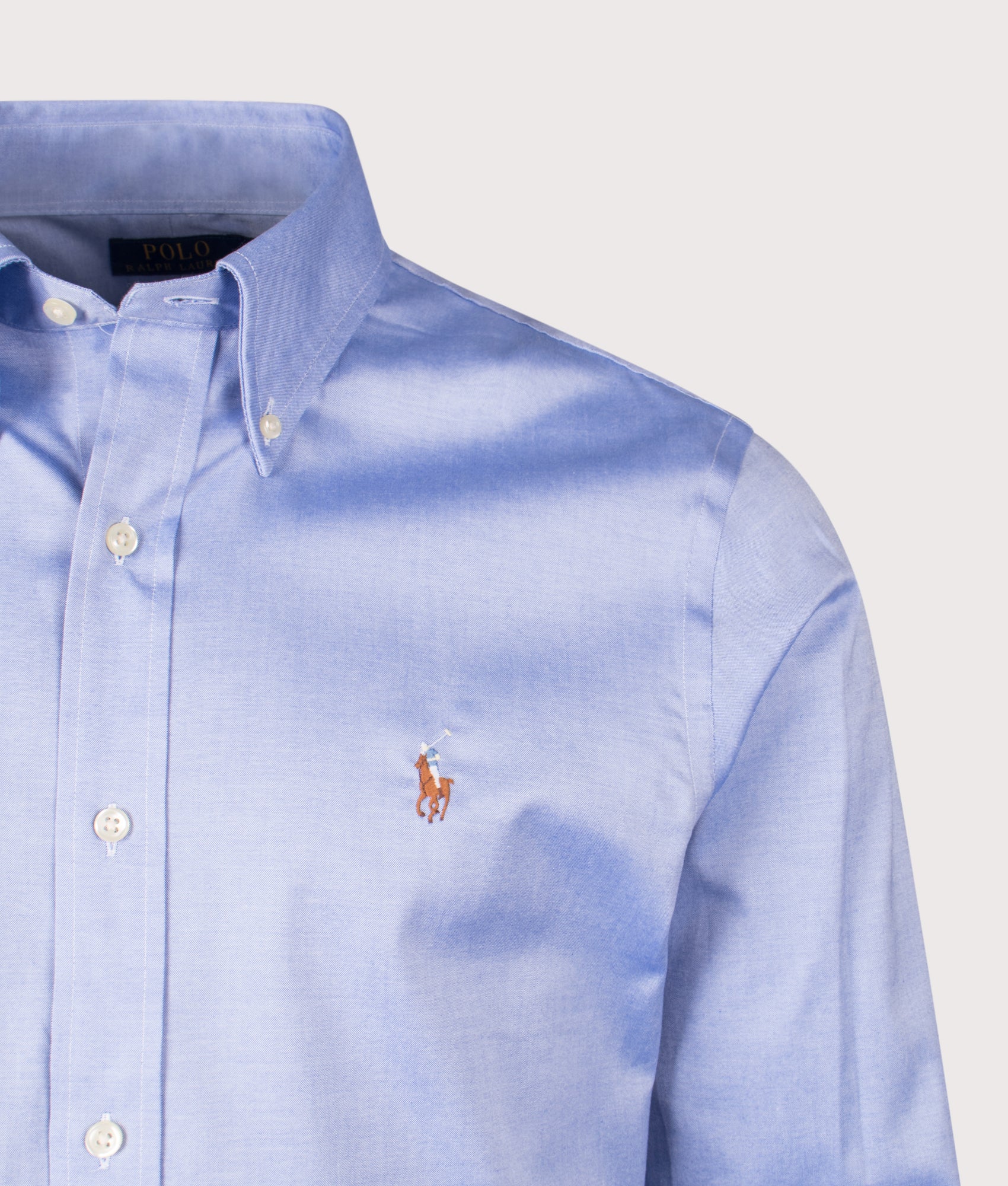 Polo Ralph Lauren Custom Fit Oxford Dress Shirt in True Blue/White at EQVVS Menswear. Detail shot.