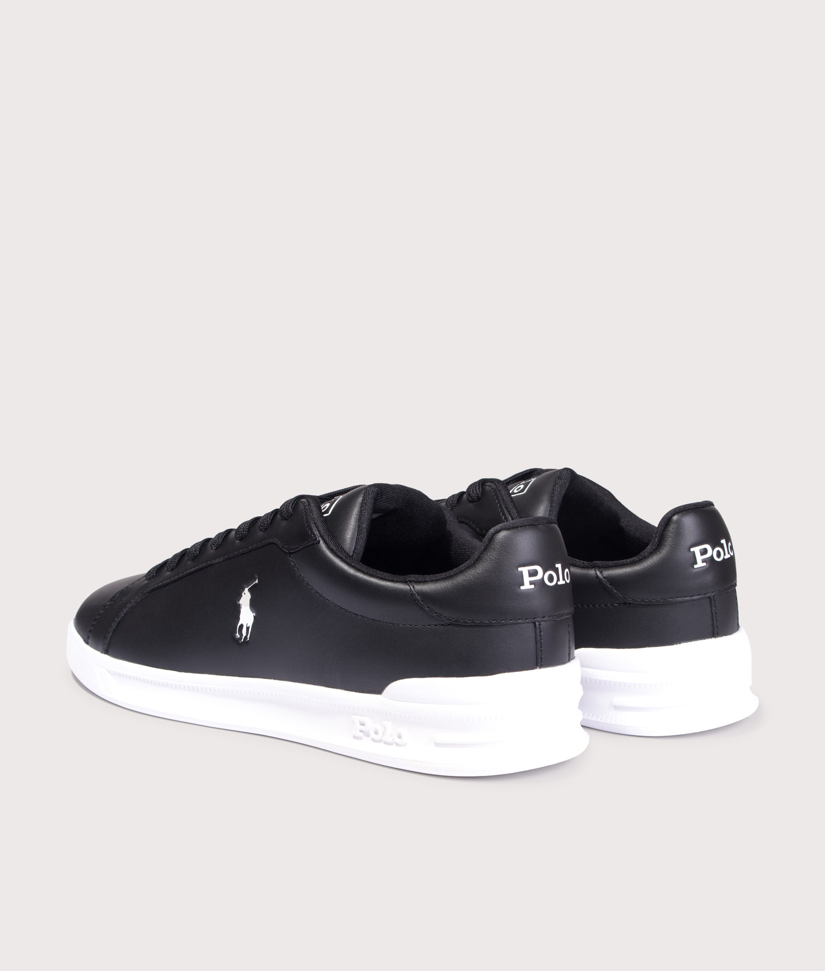 Heritage Court II Leather Sneakers in Black/White PP | 100% Leather | Polo Ralph Lauren | EQVVS | Back angle shot 