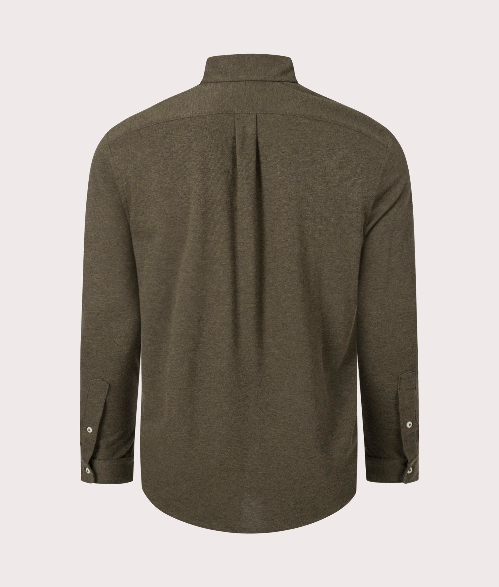 Polo Ralph Lauren Relaxed Fit Featherweight Mesh Shirt in Wilson Olive Heather at EQVVS Menswear. Back shot.