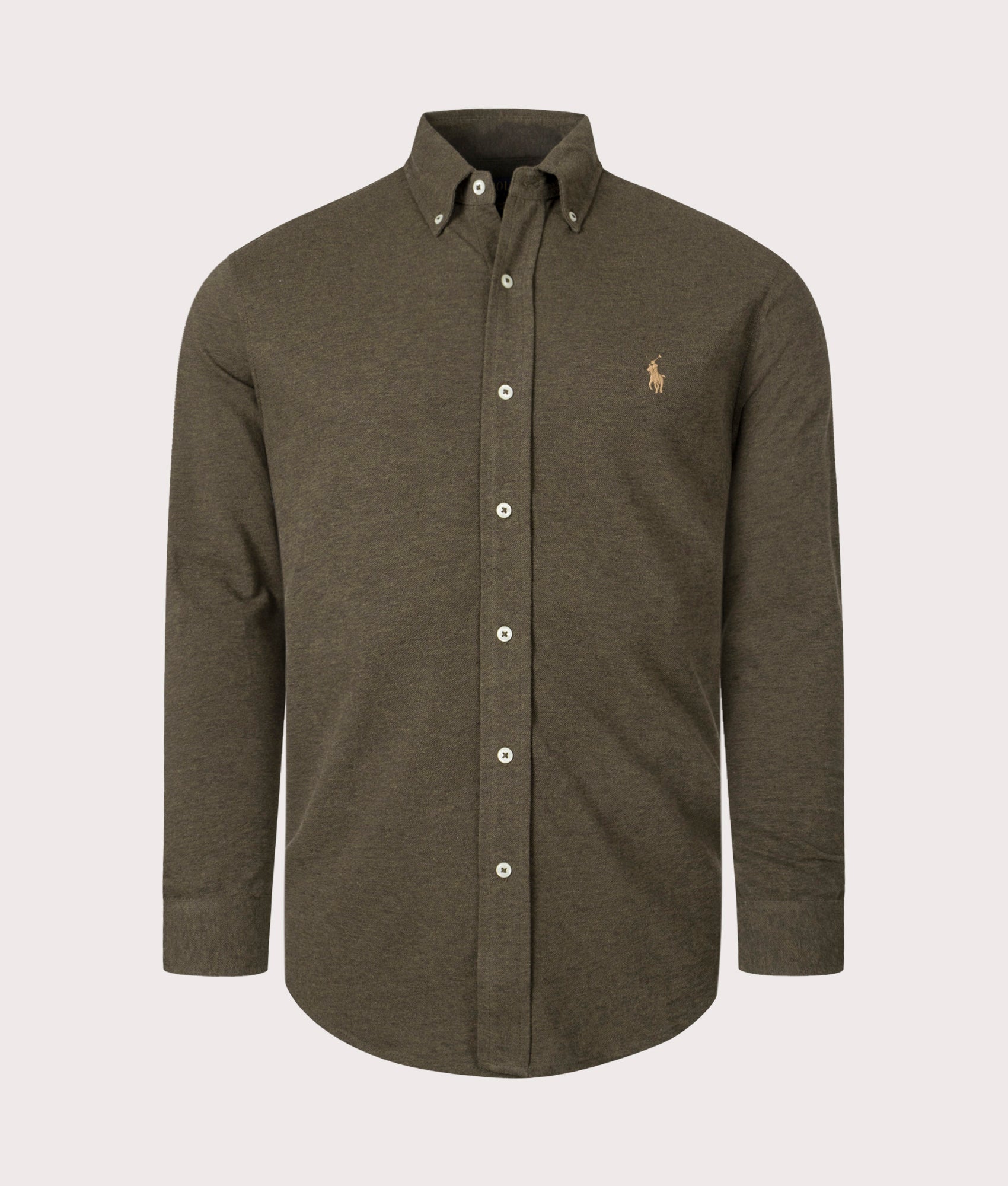 Polo Ralph Lauren Relaxed Fit Featherweight Mesh Shirt in Wilson Olive Heather at EQVVS Menswear. Front shot.