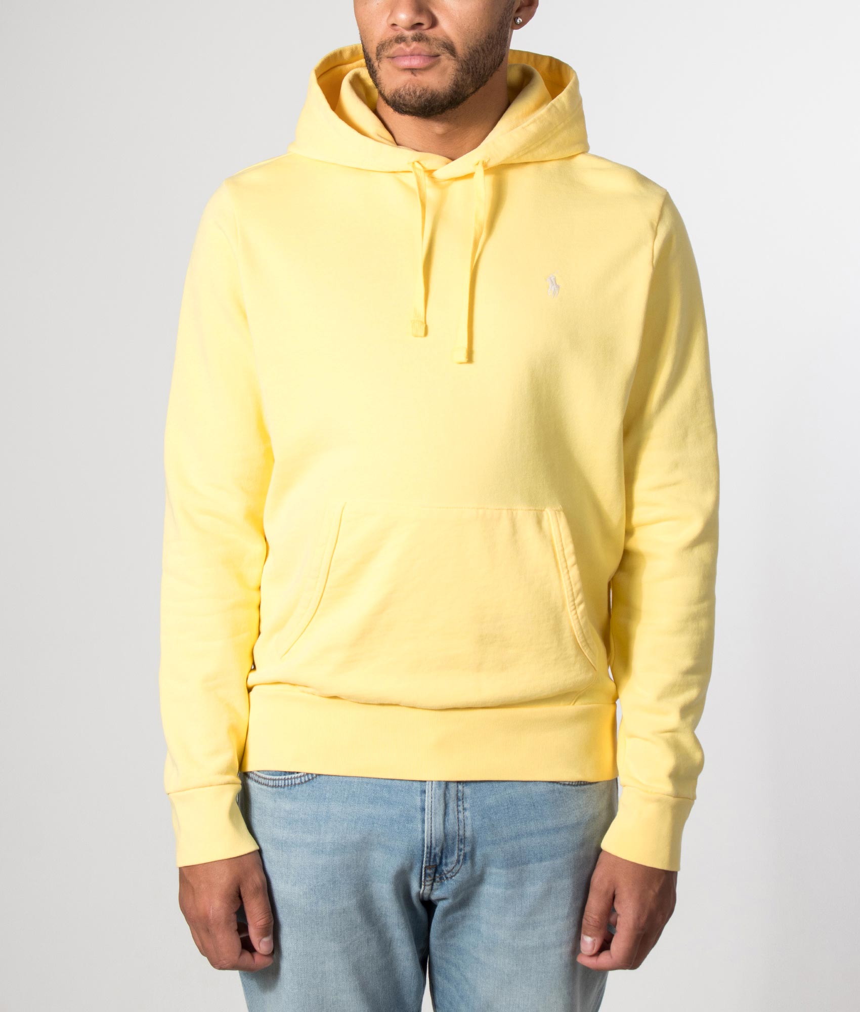 Polo Ralph Lauren Loopback Fleece Hoodie in Fall Yellow at EQVVS Menswear. Model front shot.