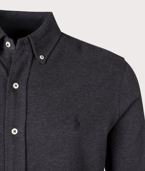 Featherweight Mesh Shirt in Dark Granite Heather by Polo Ralph Lauren. EQVVS Detail Shot.