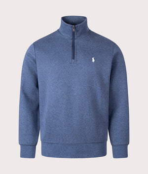 Double-Knit Quarter Zip Sweatshirt in Derby Blue Heather by Polo Ralph Lauren. EQVVS Front Angle Shot.