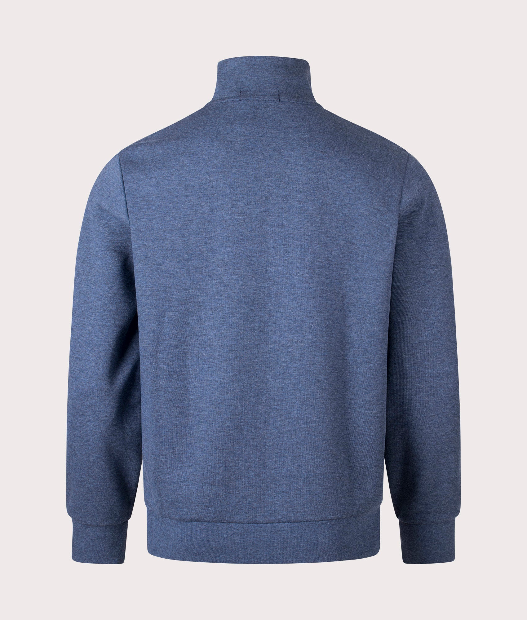 Double-Knit Quarter Zip Sweatshirt in Derby Blue Heather by Polo Ralph Lauren. EQVVS Back Angle Shot.