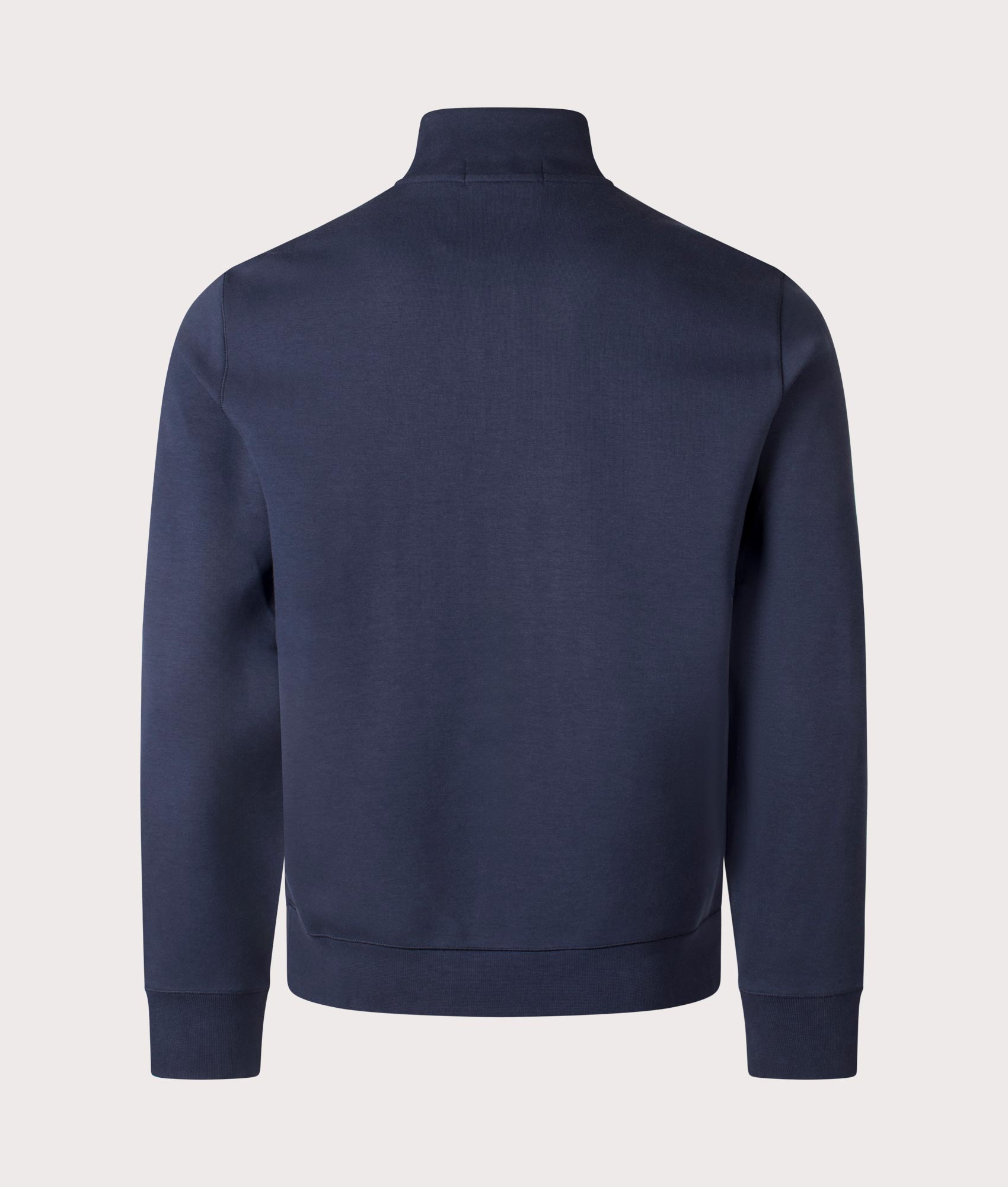 Polo Ralph Lauren Double-Knit Quarter Zip Sweatshirt in Aviator Navy Blue. Back Shot at EQVVS.