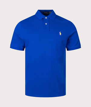 Custom Slim Fit Mesh Polo Shirt in New Sapphire by Polo Ralph Lauren. EQVVS Front Angle Shot.