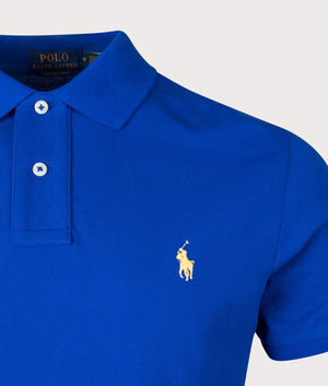 Custom Slim Fit Mesh Polo Shirt in New Sapphire by Polo Ralph Lauren. EQVVS Detail Shot.