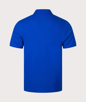 Custom Slim Fit Mesh Polo Shirt in New Sapphire by Polo Ralph Lauren. EQVVS Back Angle Shot.