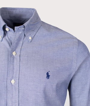 Custom Fit Stretch Oxford Shirt in Navy by Polo Ralph Lauren . EQVVS Detail Shot.