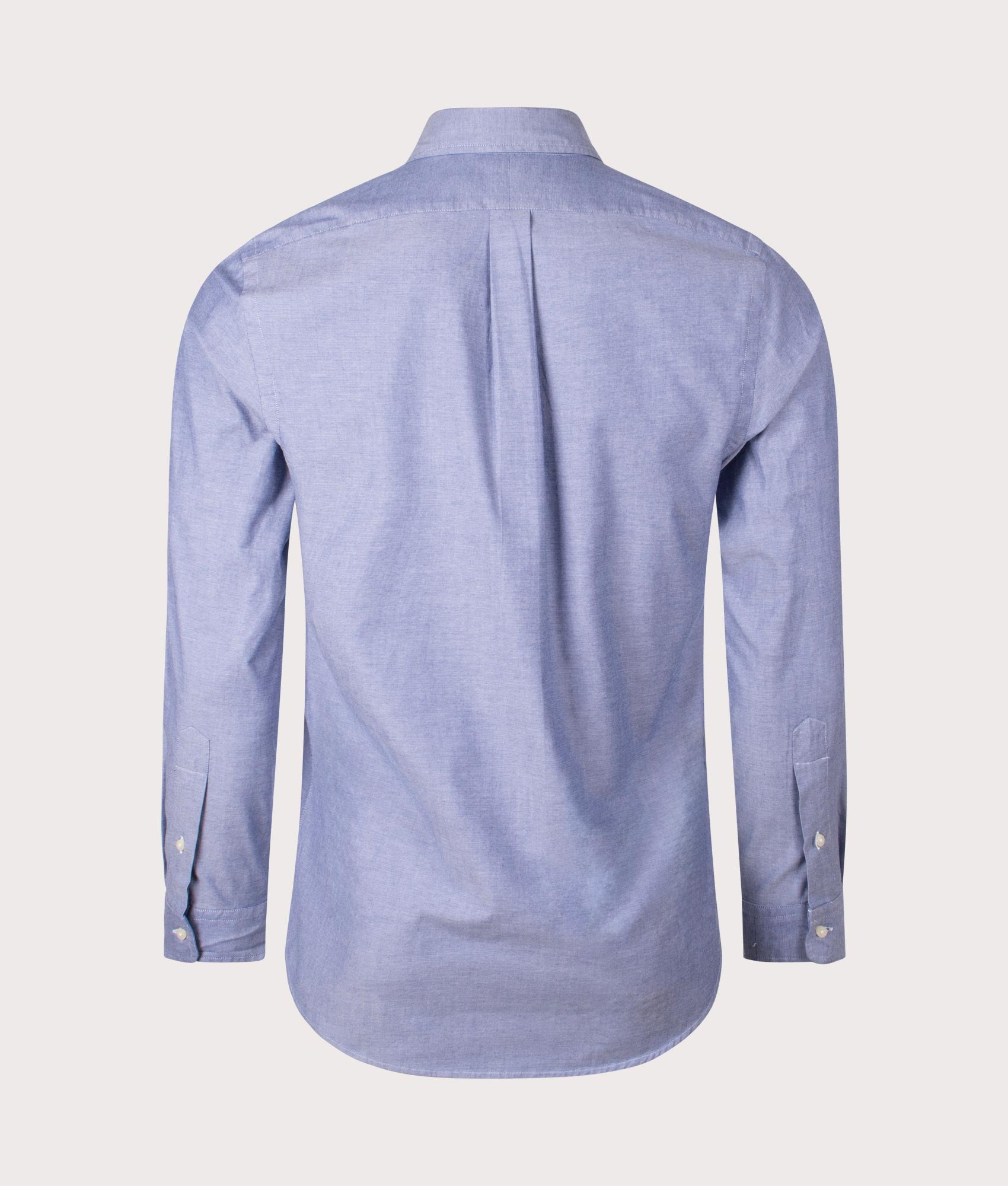 Custom Fit Stretch Oxford Shirt in Navy by Polo Ralph Lauren . EQVVS Back Angle Shot.