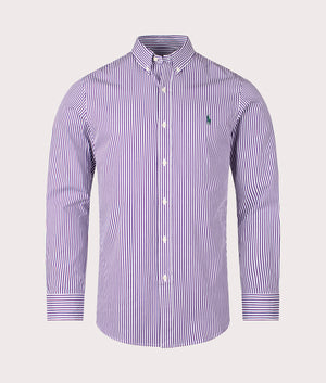 Slim Fit Striped Poplin Shirt in Purple by Polo Ralph Lauren. EQVVS Front Angle Shot.