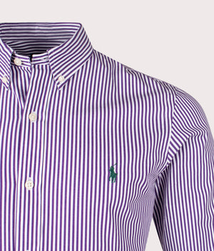Slim Fit Striped Poplin Shirt in Purple by Polo Ralph Lauren. EQVVS Detail Shot.