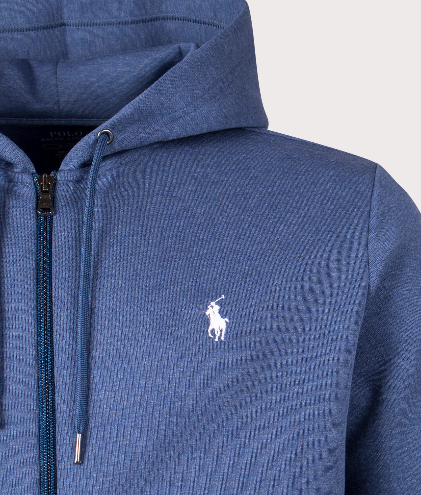 Polo Ralph Lauren Zip Through Double Knit Zip Up Hoodie in Derby Blue Heather Detail Shot at EQVVS