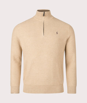 Polo Ralph Lauren Quarter Zip Contrast Logo Knit in 'Camel Melange' Beige Front Shot at EQVVS