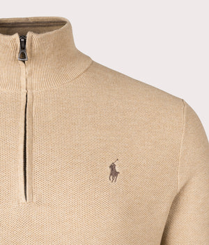 Polo Ralph Lauren Quarter Zip Contrast Logo Knit in 'Camel Melange' Beige Detail Shot at EQVVS