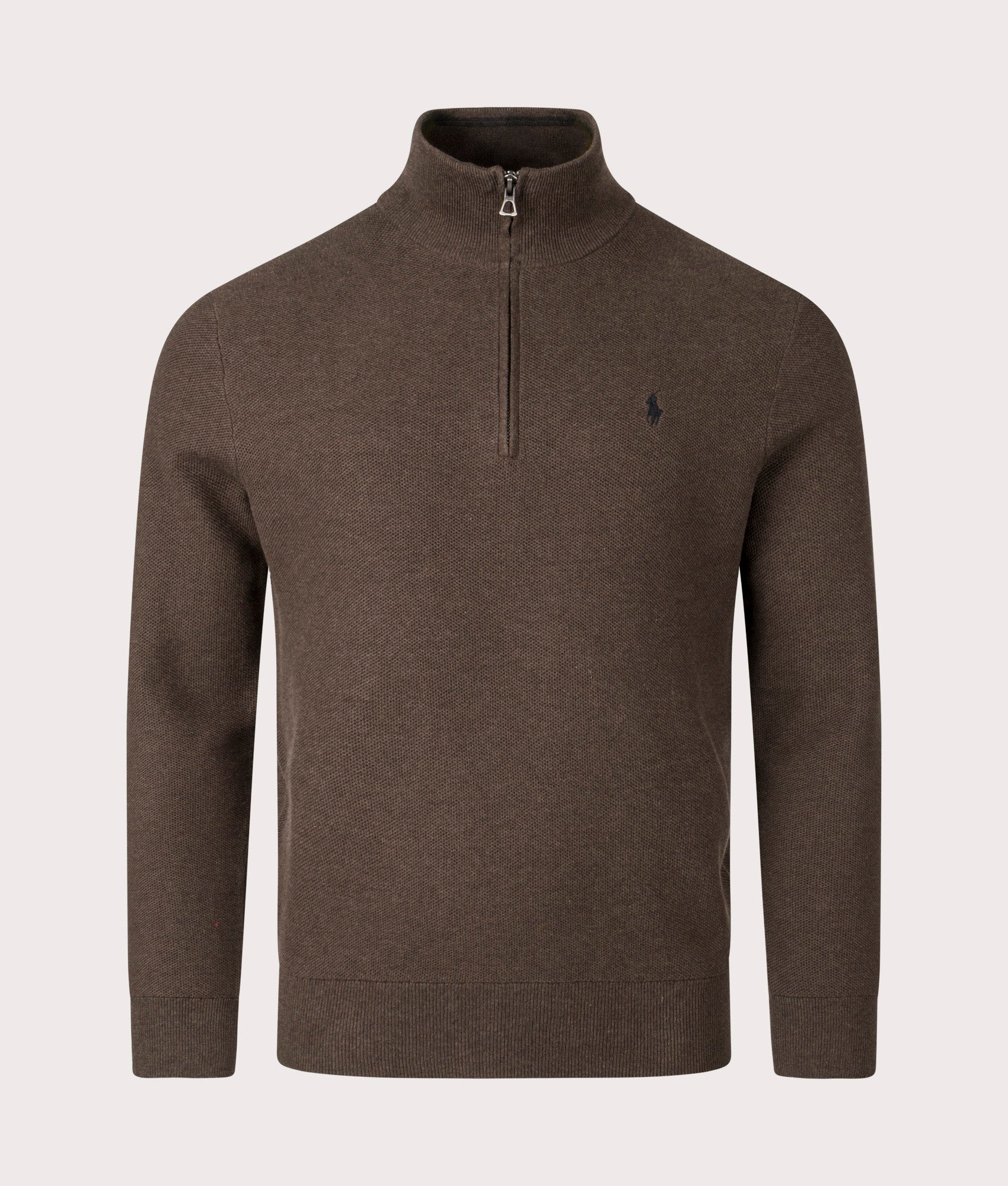 Polo Ralph Lauren Quarter Zip Contrast Logo Knit Jumper in Spa Brown Heather, 100% Cotton Front Shot EQVVS