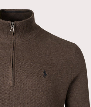 Polo Ralph Lauren Quarter Zip Contrast Logo Knit Jumper in Spa Brown Heather, 100% Cotton Detail Shot EQVVS