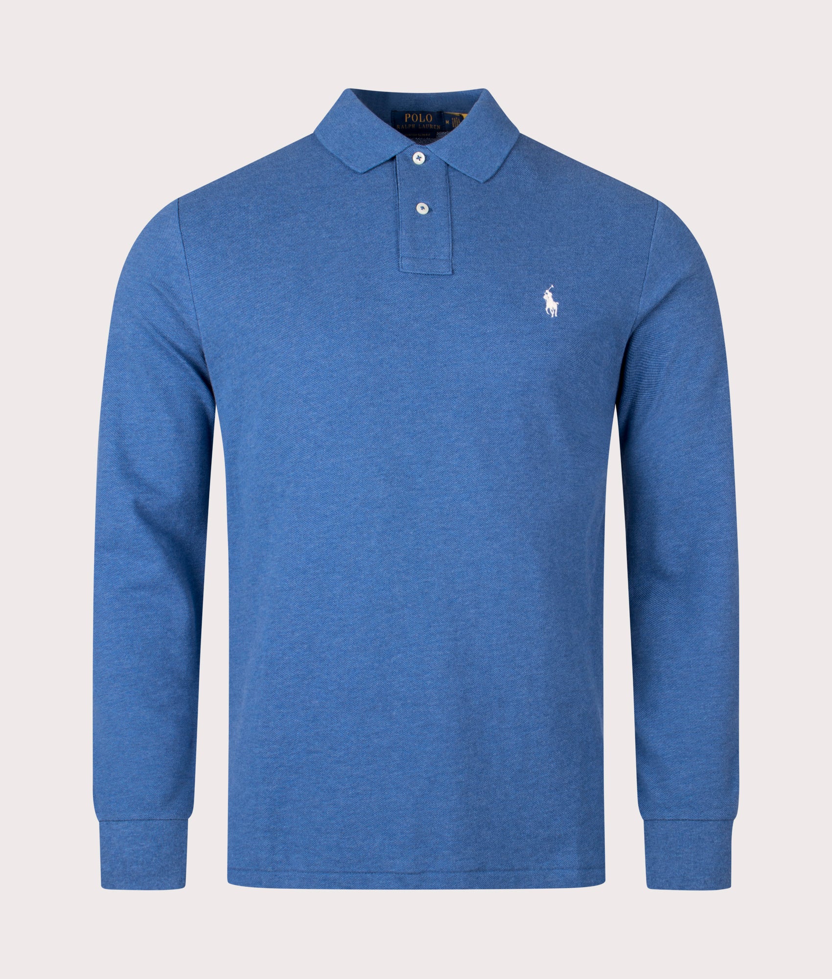 Custom Slim Fit Long Sleeve Polo Shirt Fog Blue Heather by Polo Ralph Lauren. EQVVS Front Angle Shot.