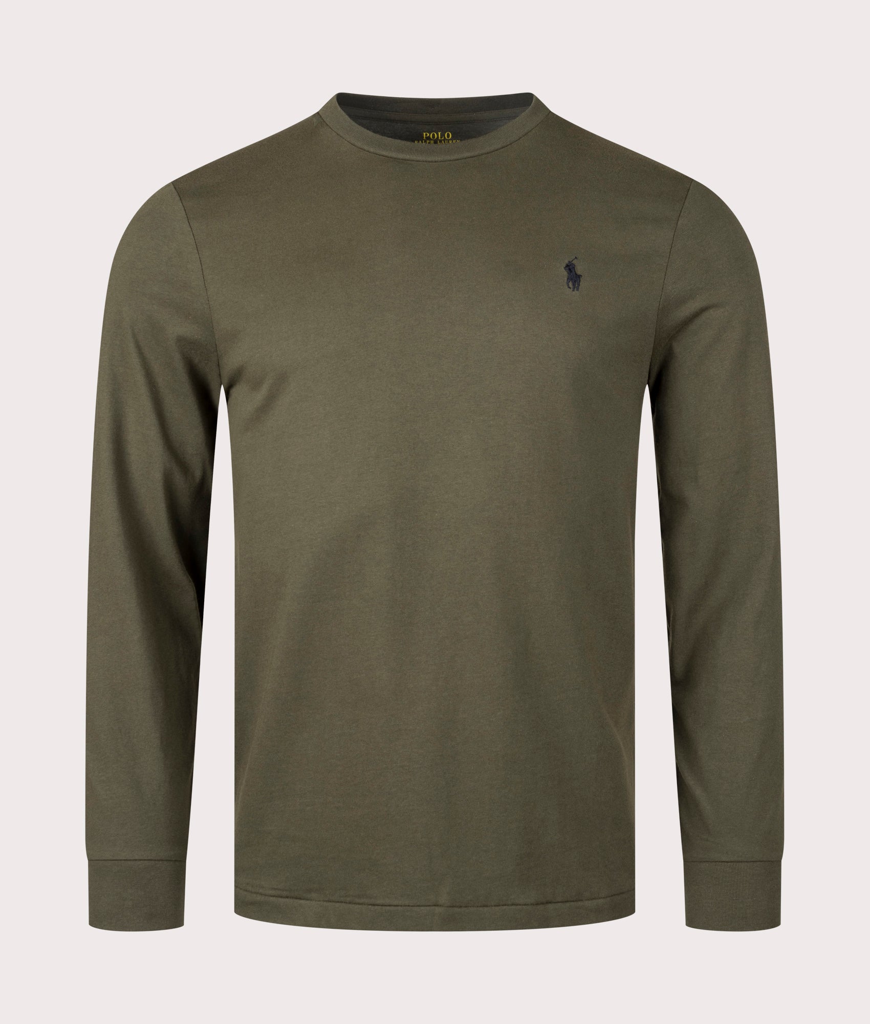 Polo Ralph Lauren Custom Slim Fit Long Sleeve T-Shirt in Armadillo Khaki Front Shot at EQVVS