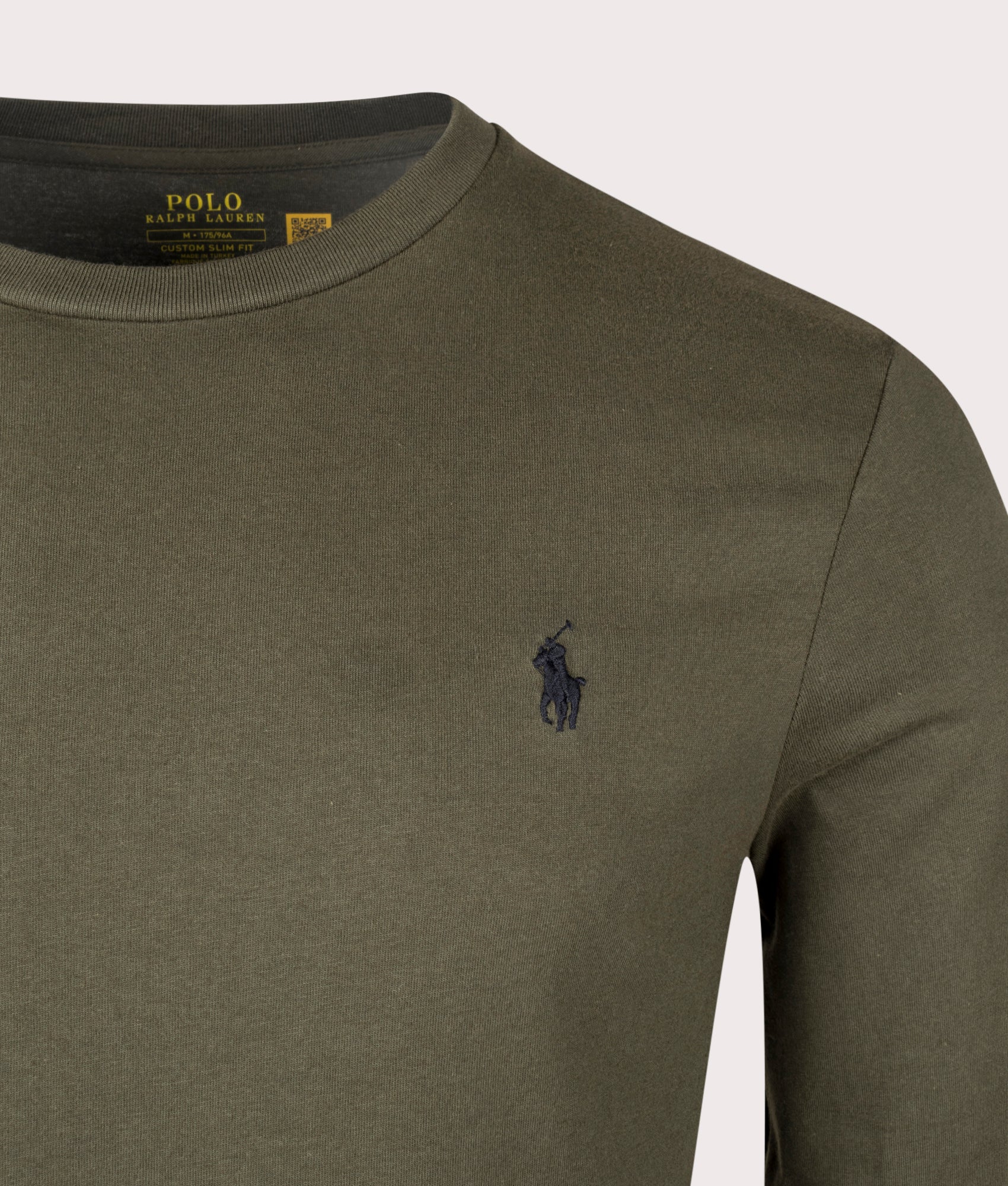 Polo Ralph Lauren Custom Slim Fit Long Sleeve T-Shirt in Armadillo Khaki Detail Shot at EQVVS