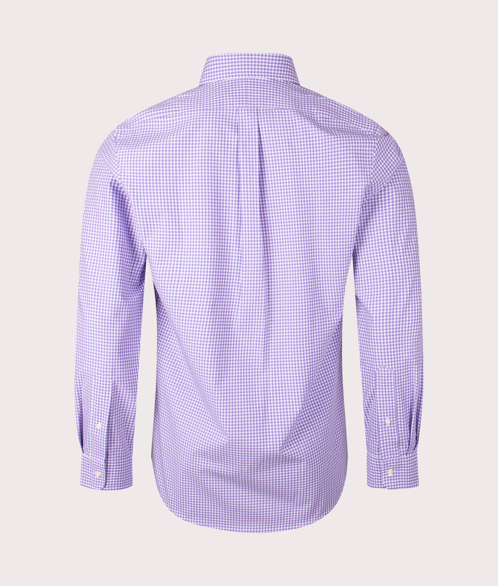 Polo Ralph Lauren Custom Fit Gingham Poplin Shirt in Lavender and White at EQVVS. Back Shot.