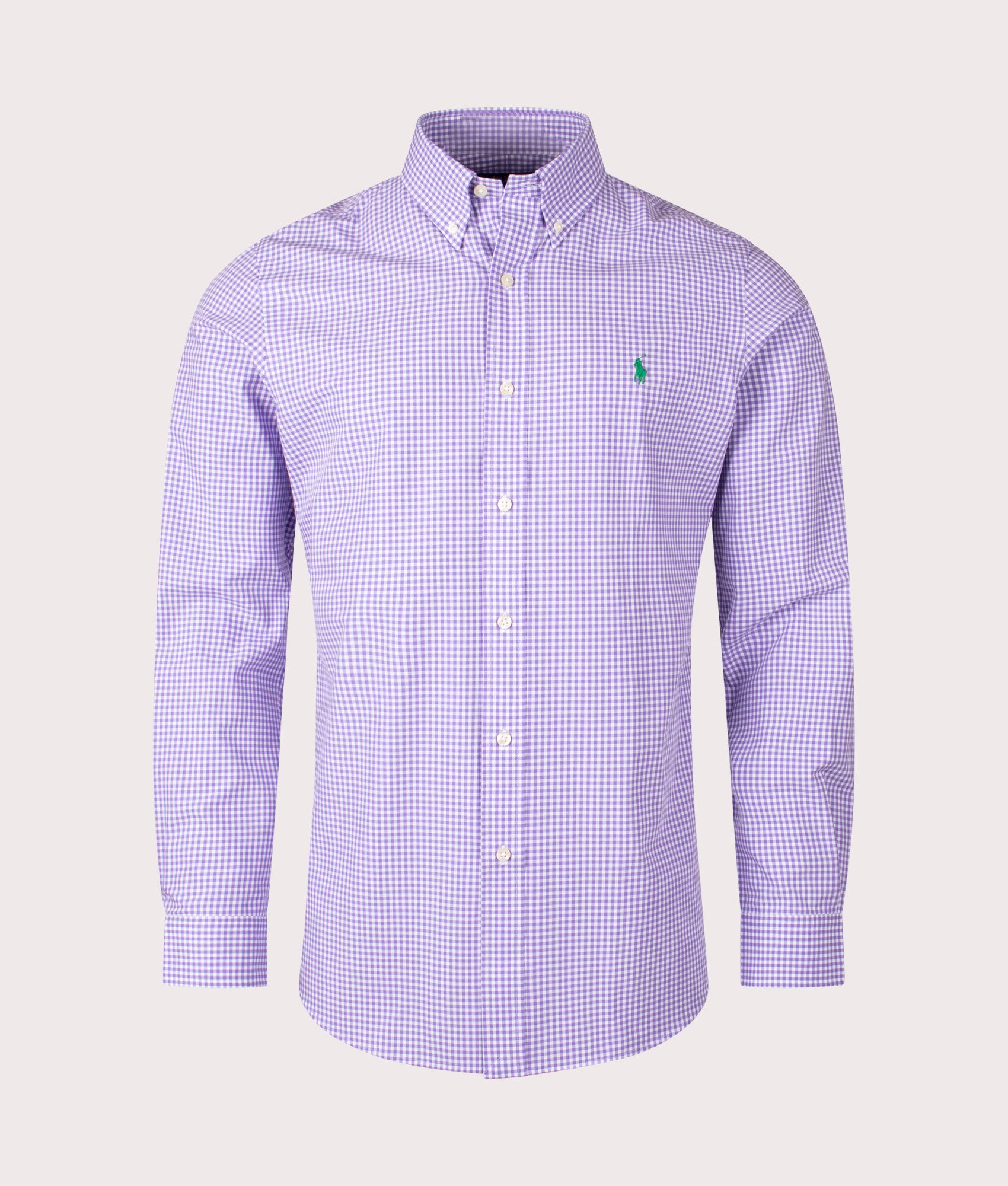 Polo Ralph Lauren Custom Fit Gingham Poplin Shirt in Lavender and White at EQVVS. Front Shot.